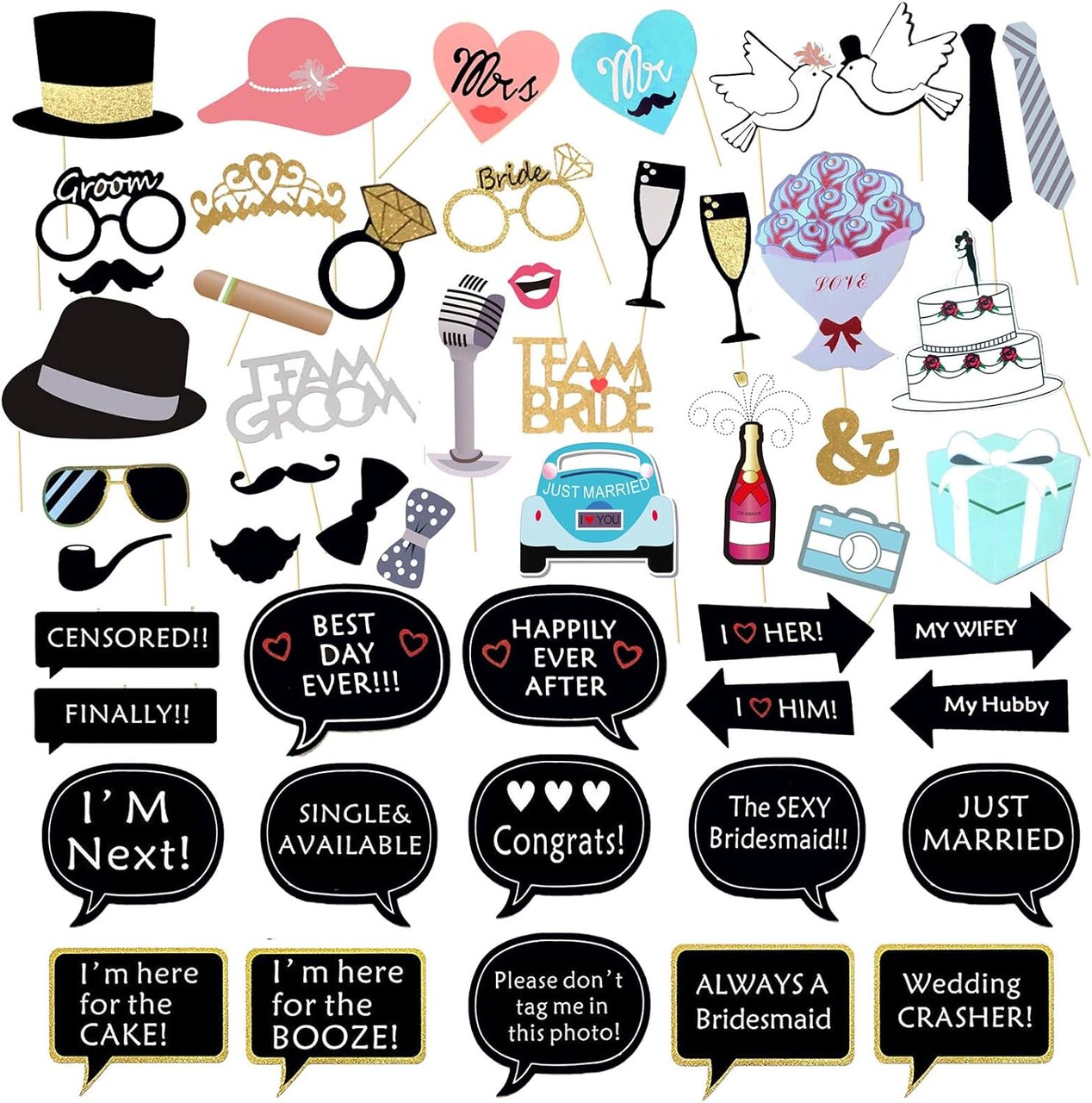 52PCS Wedding Photo Booth Props with Stick Bridal Shower Photo Booth Props Funny Photo Props, Wedding Party Supplies for Bride Groom, Bachelorette Wedding Party Decorations for Men Women Selfie Props
